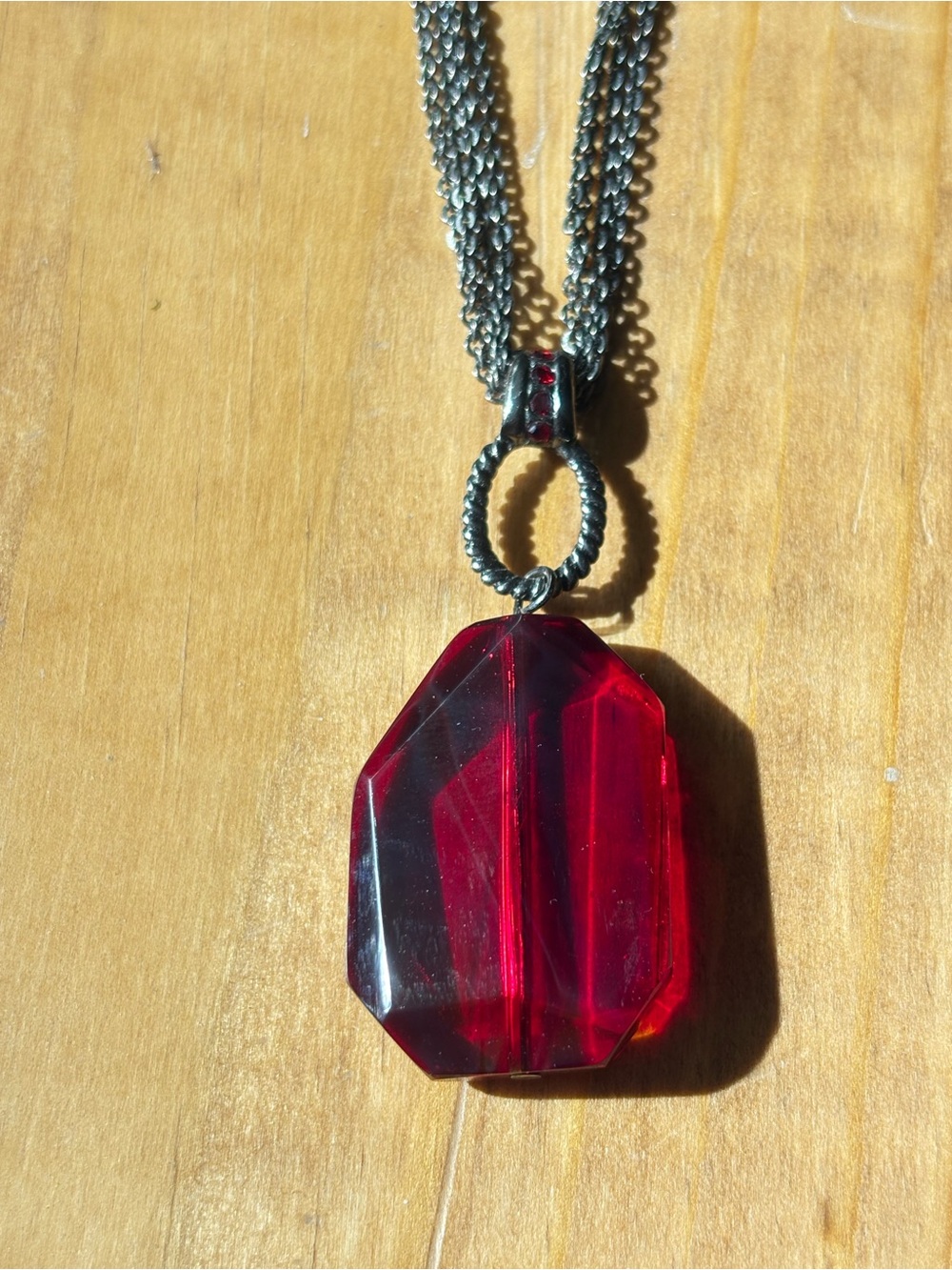 Red Stone Pendant Statement Necklace, Silver-Plated Chain